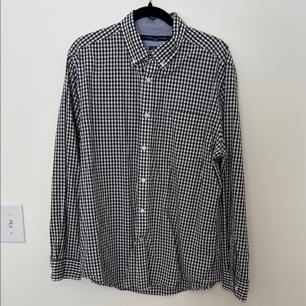 Tommy‎ Hilfiger Mens Large Classic Fit Gingham Button Down Shirt Black White